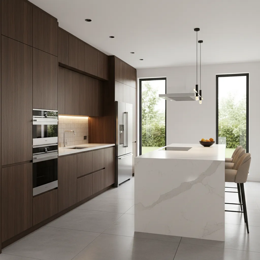 Kitchen with dark wood cabinets and white quartz countertops