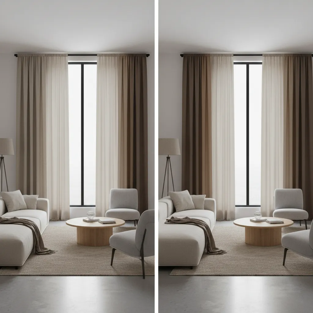 Living room window showing multiple brown curtain shades from light to dark