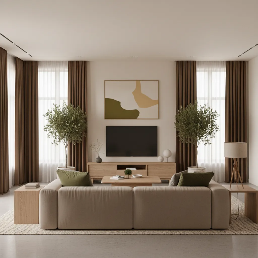 Living room palette showing brown curtains paired with beige and warm neutral decor