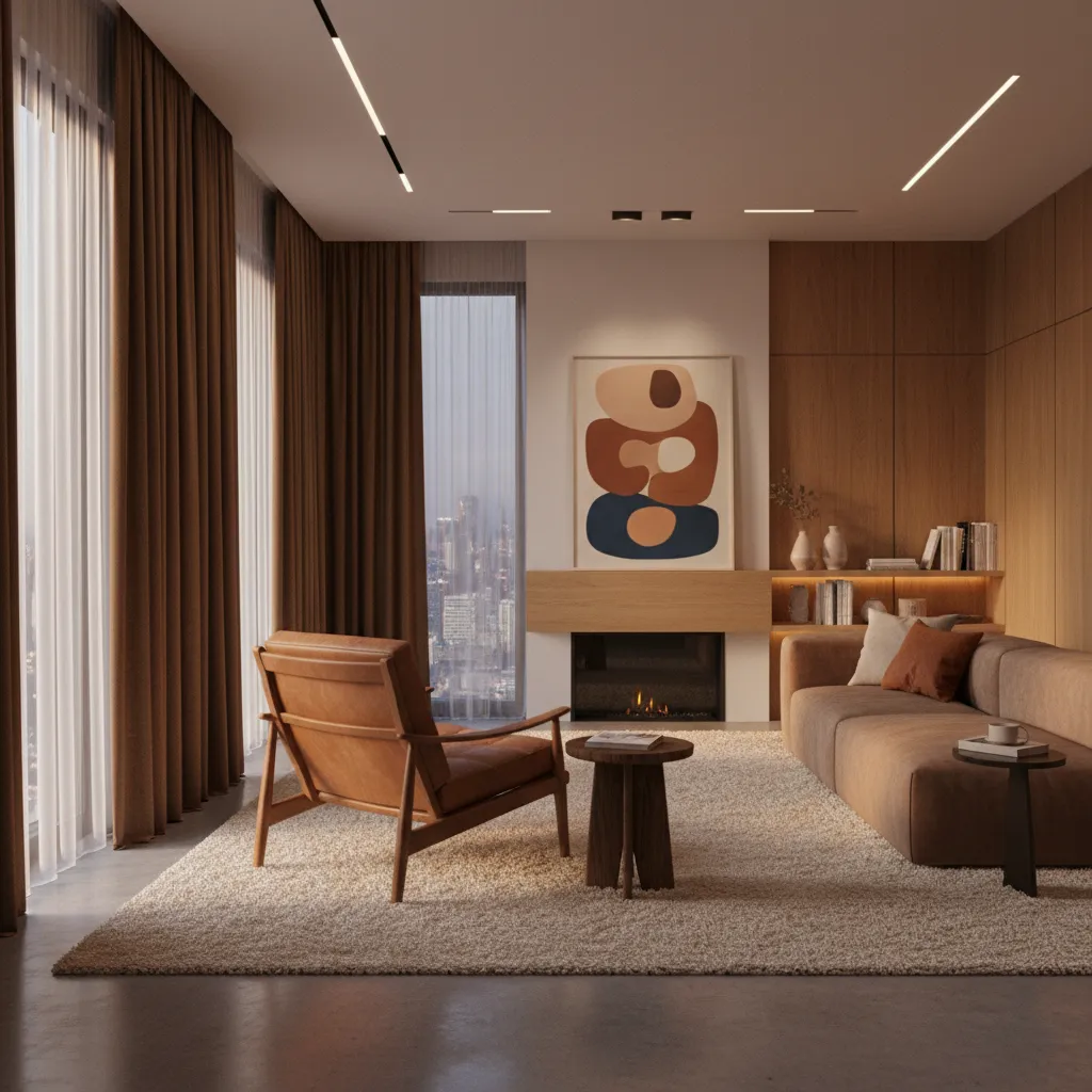 cozy living room with warm brown curtains and natural textures