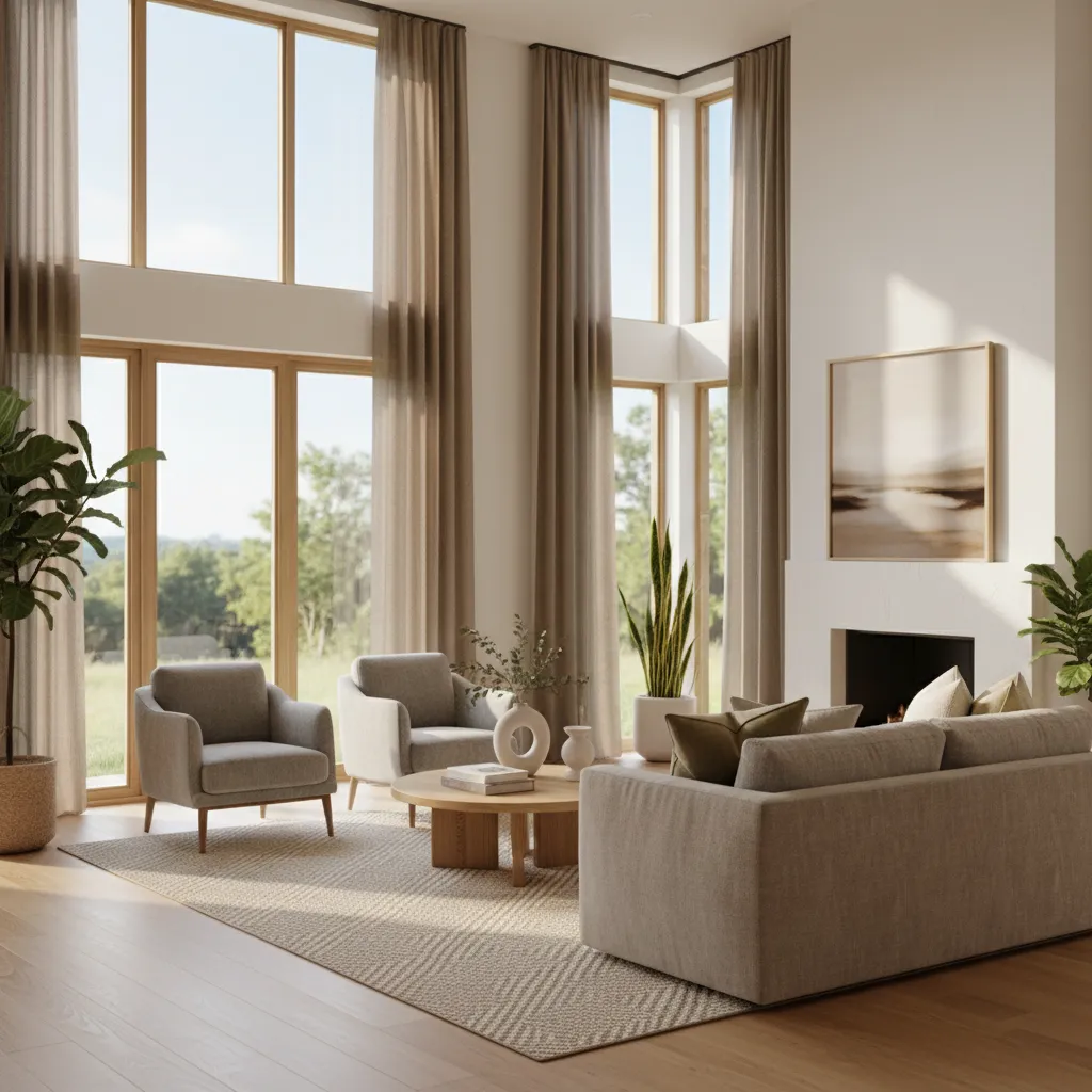 Living room with brown curtains showing natural light entering through large windows