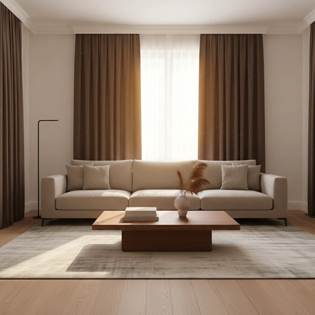 living room with deep brown curtains creating contrast with light walls