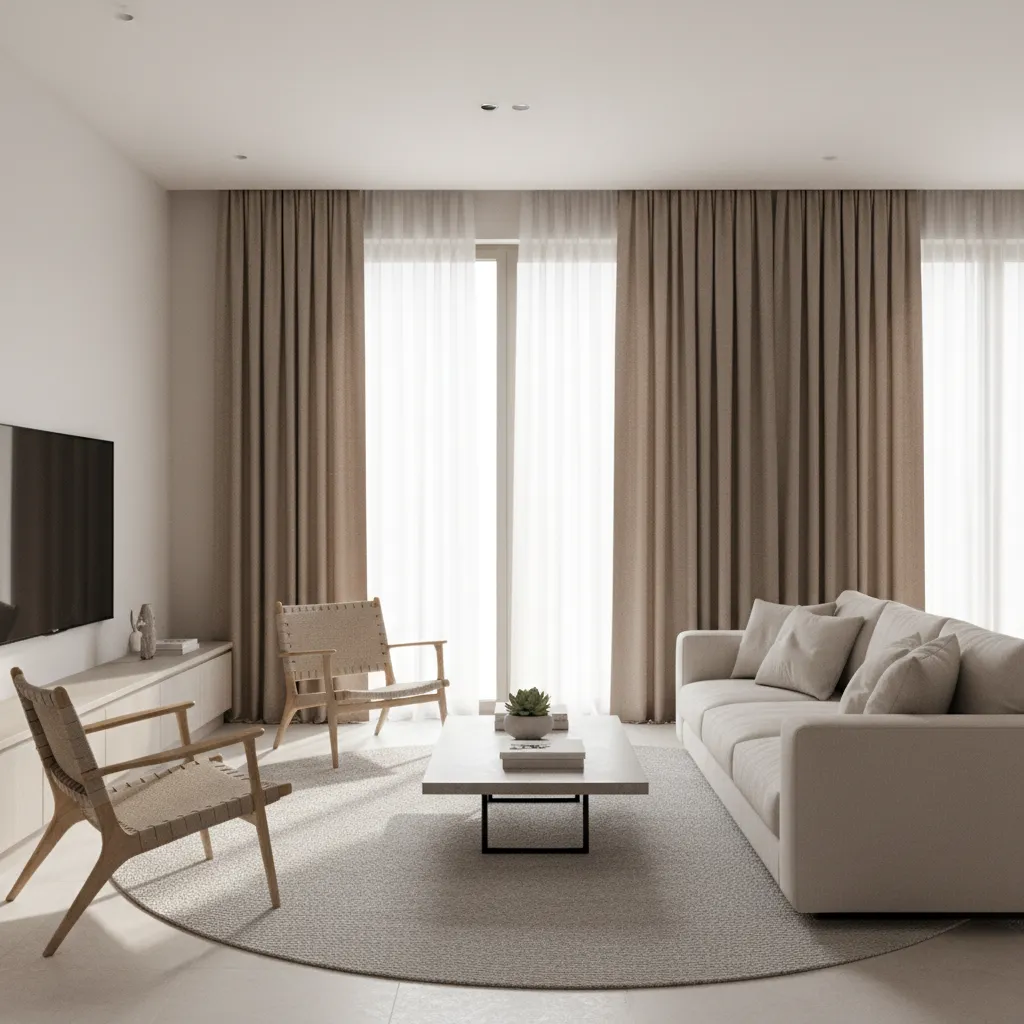 Living room with brown curtains filtering daylight through large window