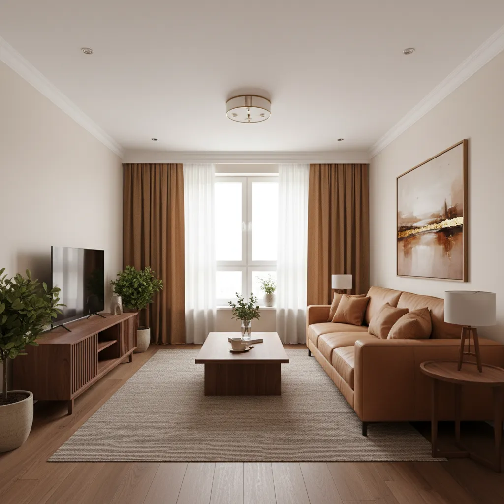 Brown curtains paired with camel leather sofa and wood furniture