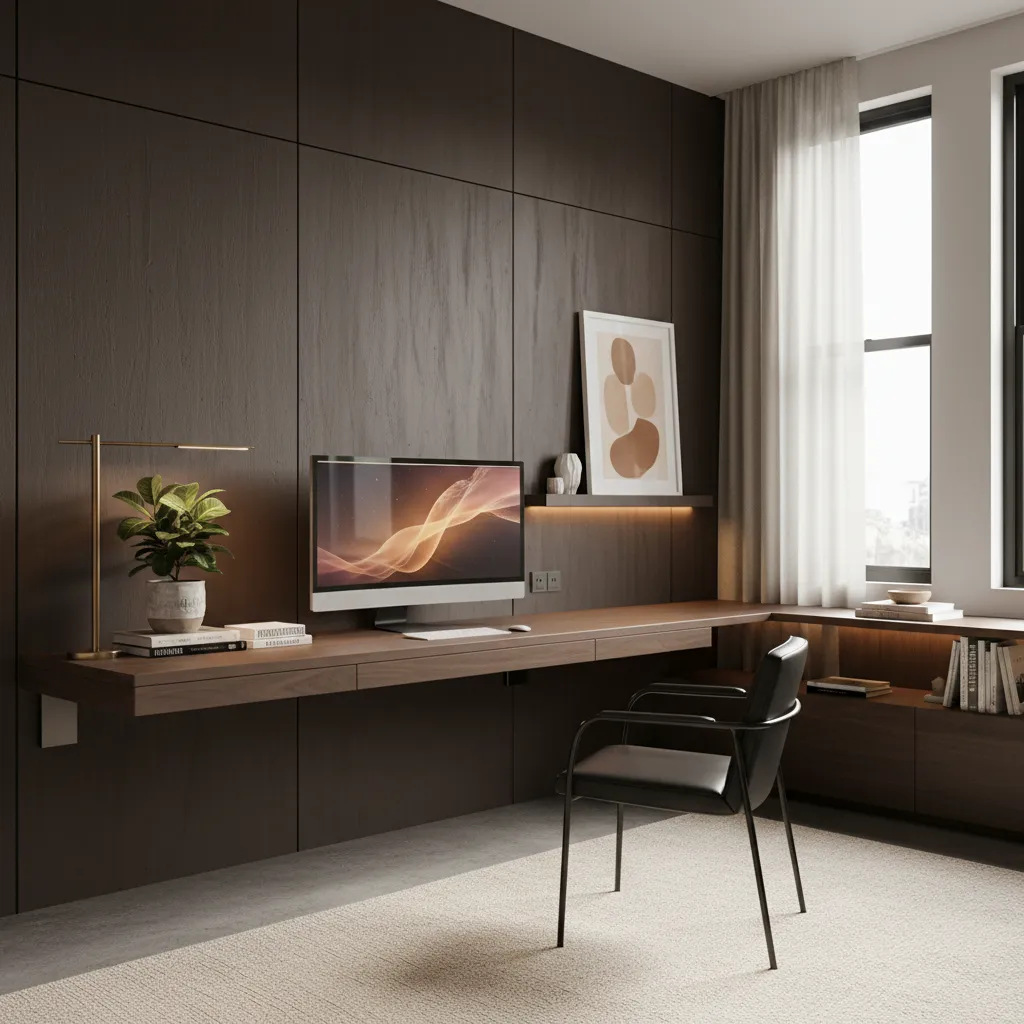 Oficina en casa con pared marrón y escritorio moderno