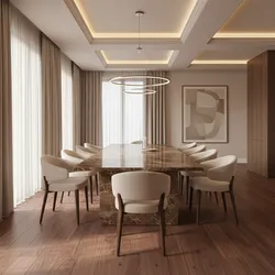 Large brown marble dining table with white chairs and ring ceiling lights on wood floor