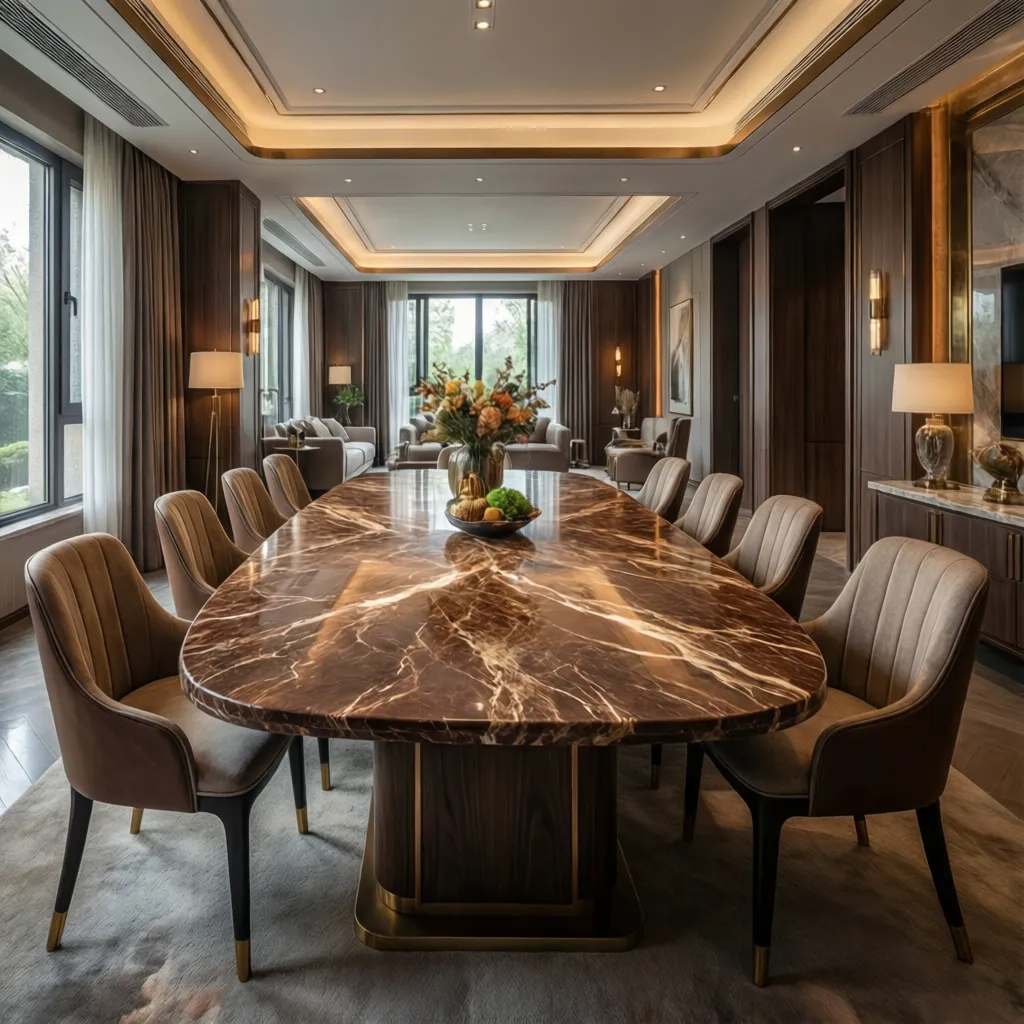 Brown Marble Dining Tables in Luxury Interior Design and Hospitality