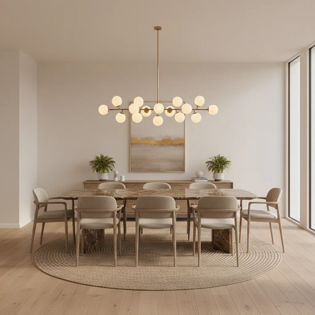 Stylish dining room with brown marble dining table and neutral decor