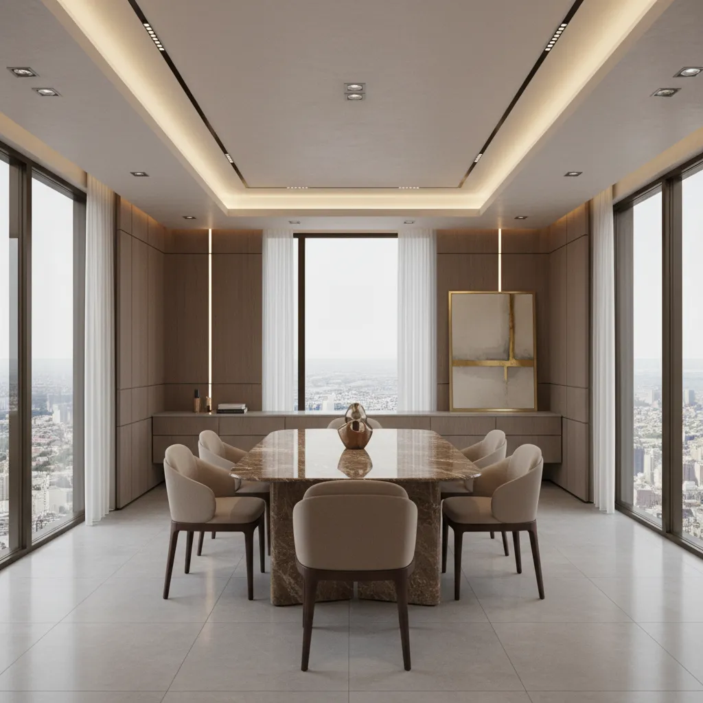 Modern luxury dining room with brown marble dining table and warm lighting
