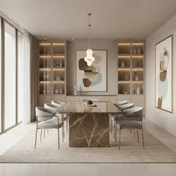 Modern dining room with brown marble table, grey chairs, ceiling light, and wooden display cabinets
