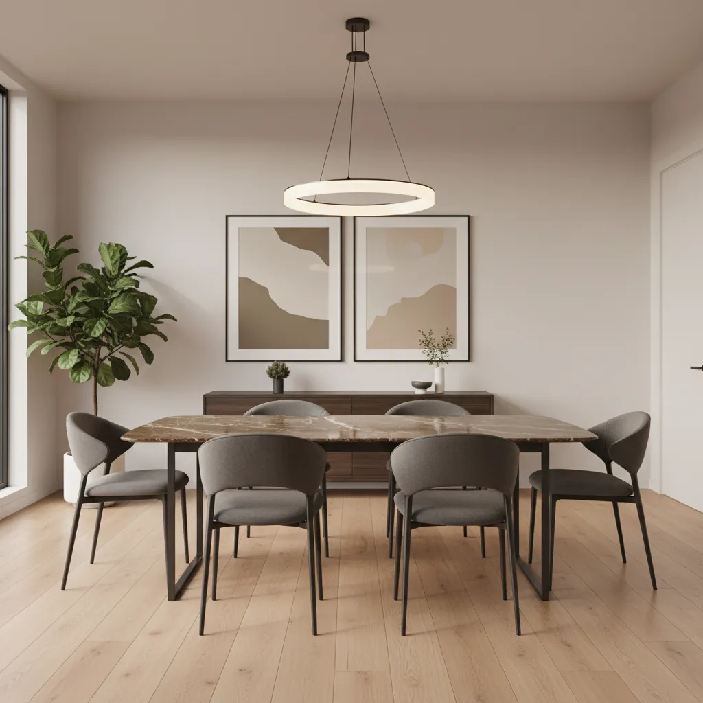Modern dining room featuring brown marble table grey chairs circular ceiling light wooden floor wall art