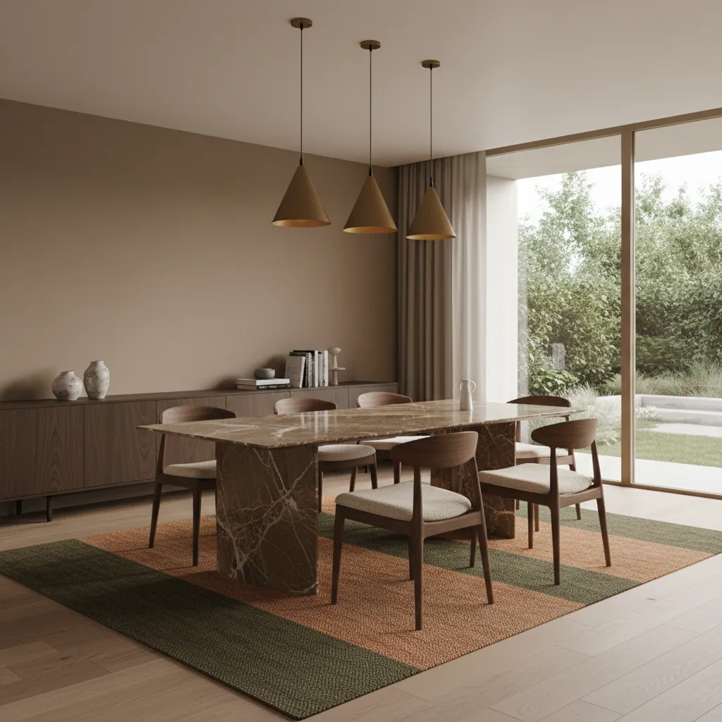 Brown marble dining table styled in a warm modern dining room