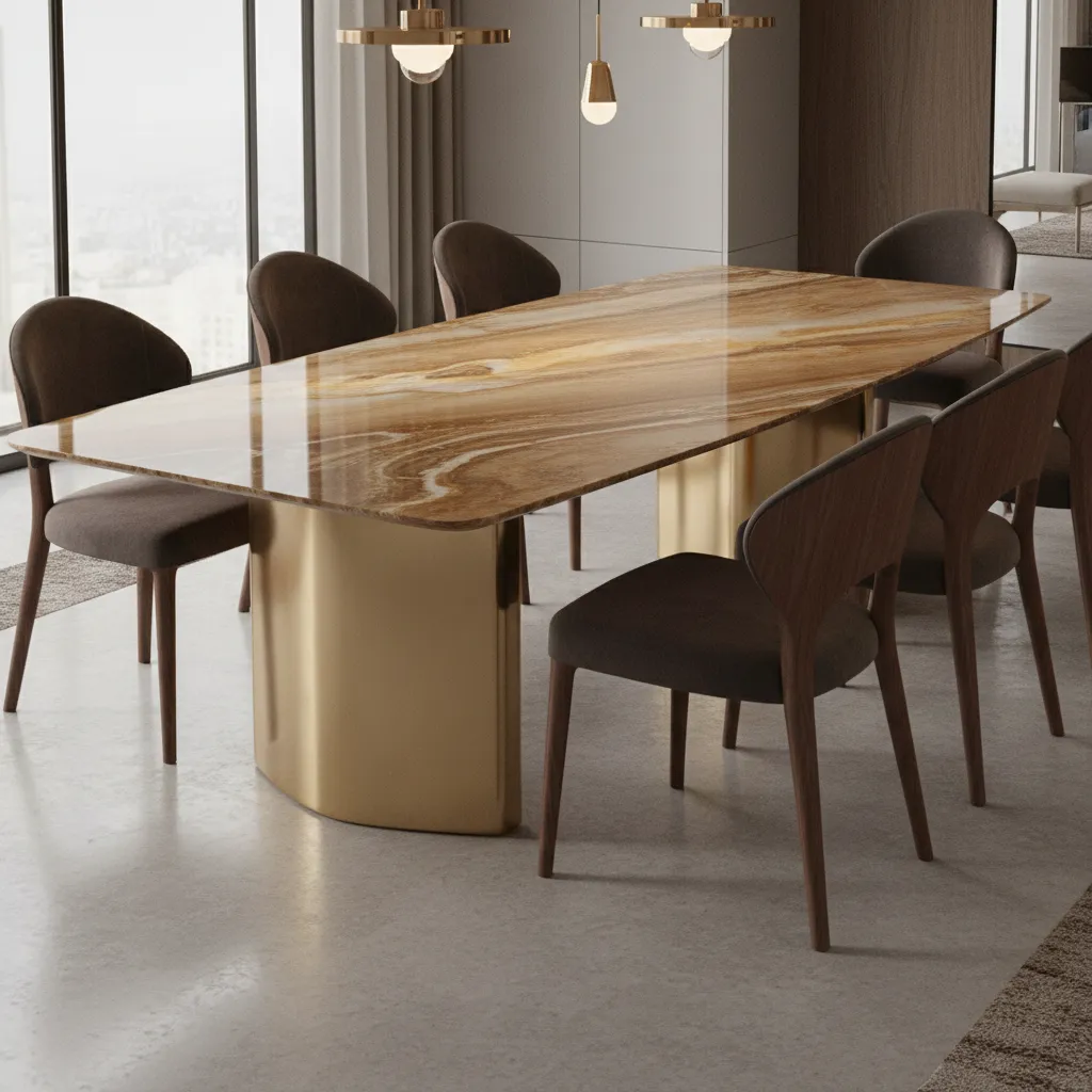 Brown marble dining table paired with brass base and walnut chairs