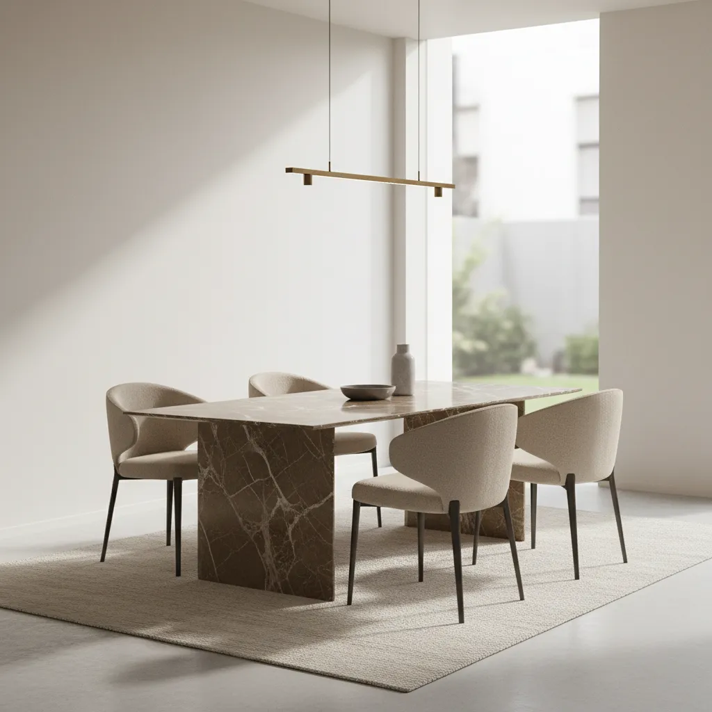 Brown marble dining table styled in a modern dining room