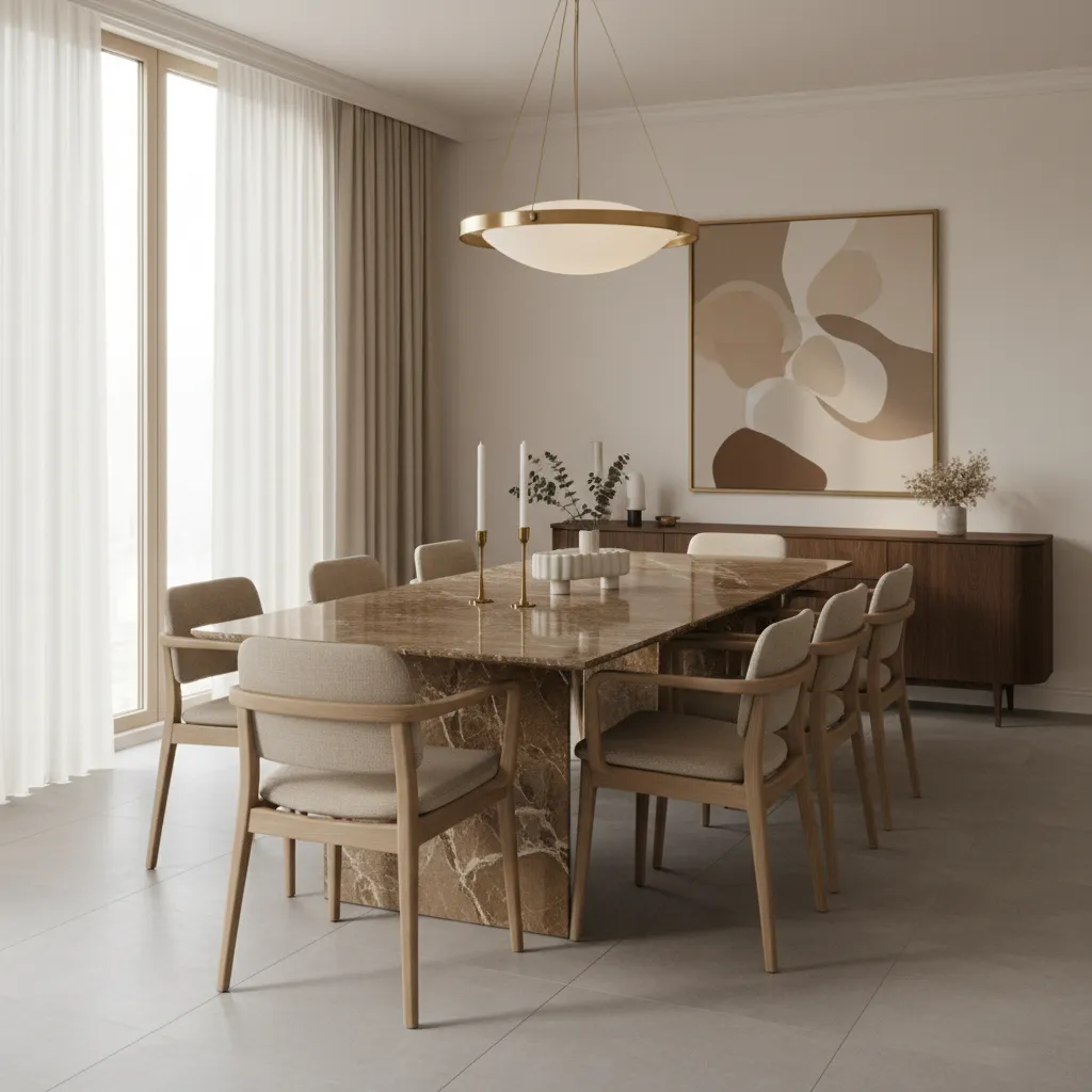 Brown marble dining table paired with neutral upholstered chairs