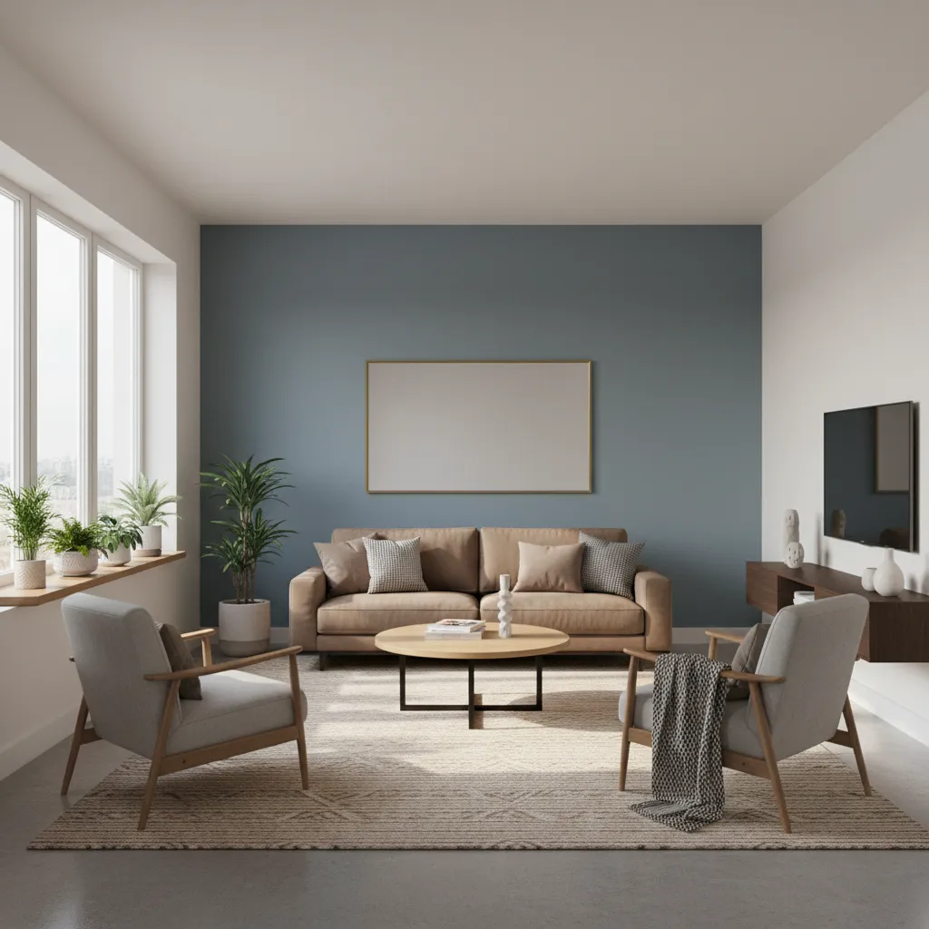 Living room with brown sofa and soft blue walls