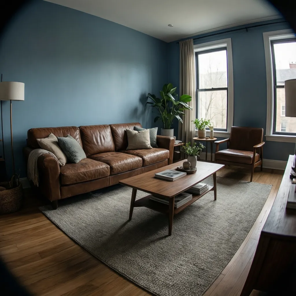 Living room with brown leather sofa and blue wall palette inspiration