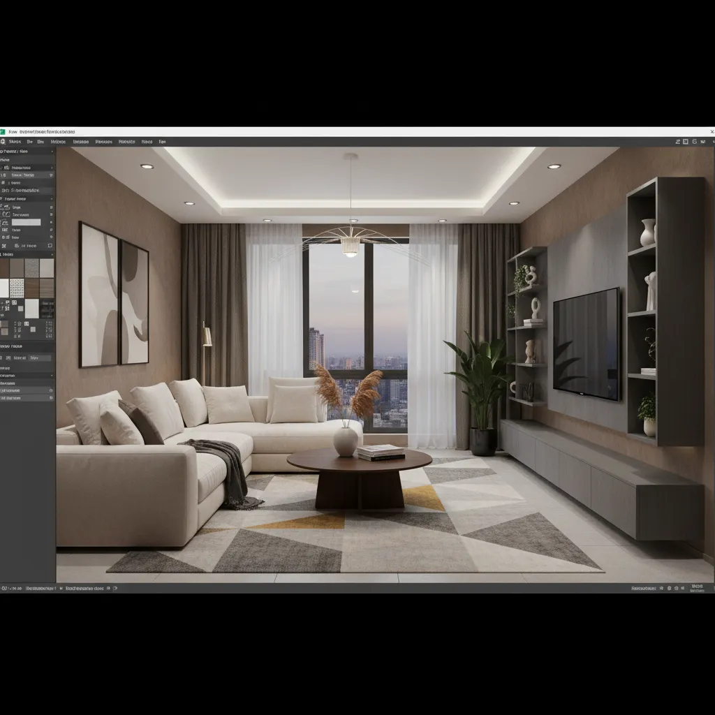 Visualización digital de diseño interior con pared marrón