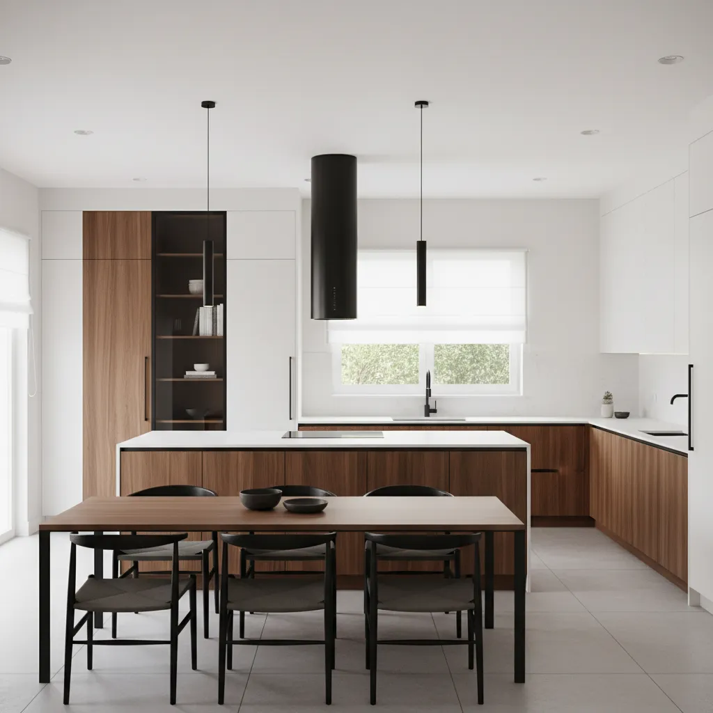 balanced brown white black kitchen with wood cabinets white surfaces and black fixtures