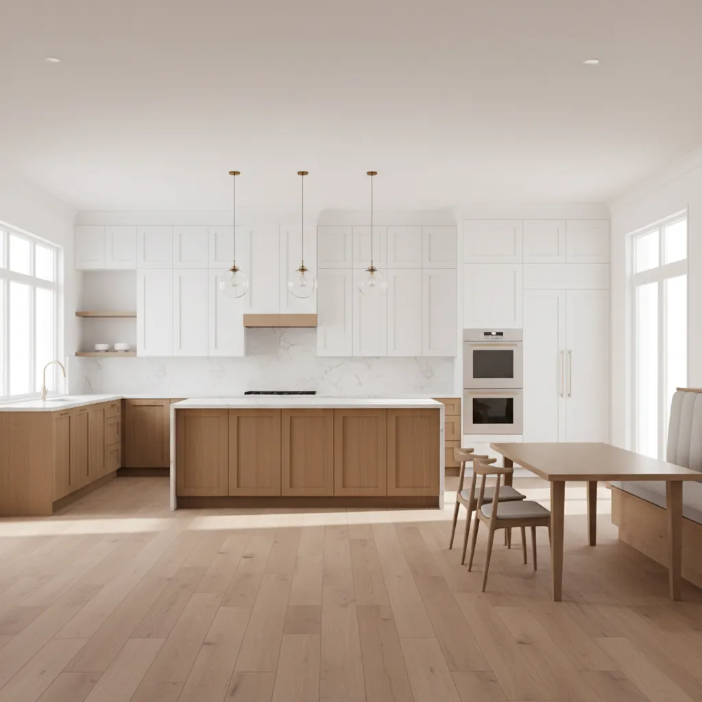 Bright brown and white kitchen with wood accents and white cabinetry