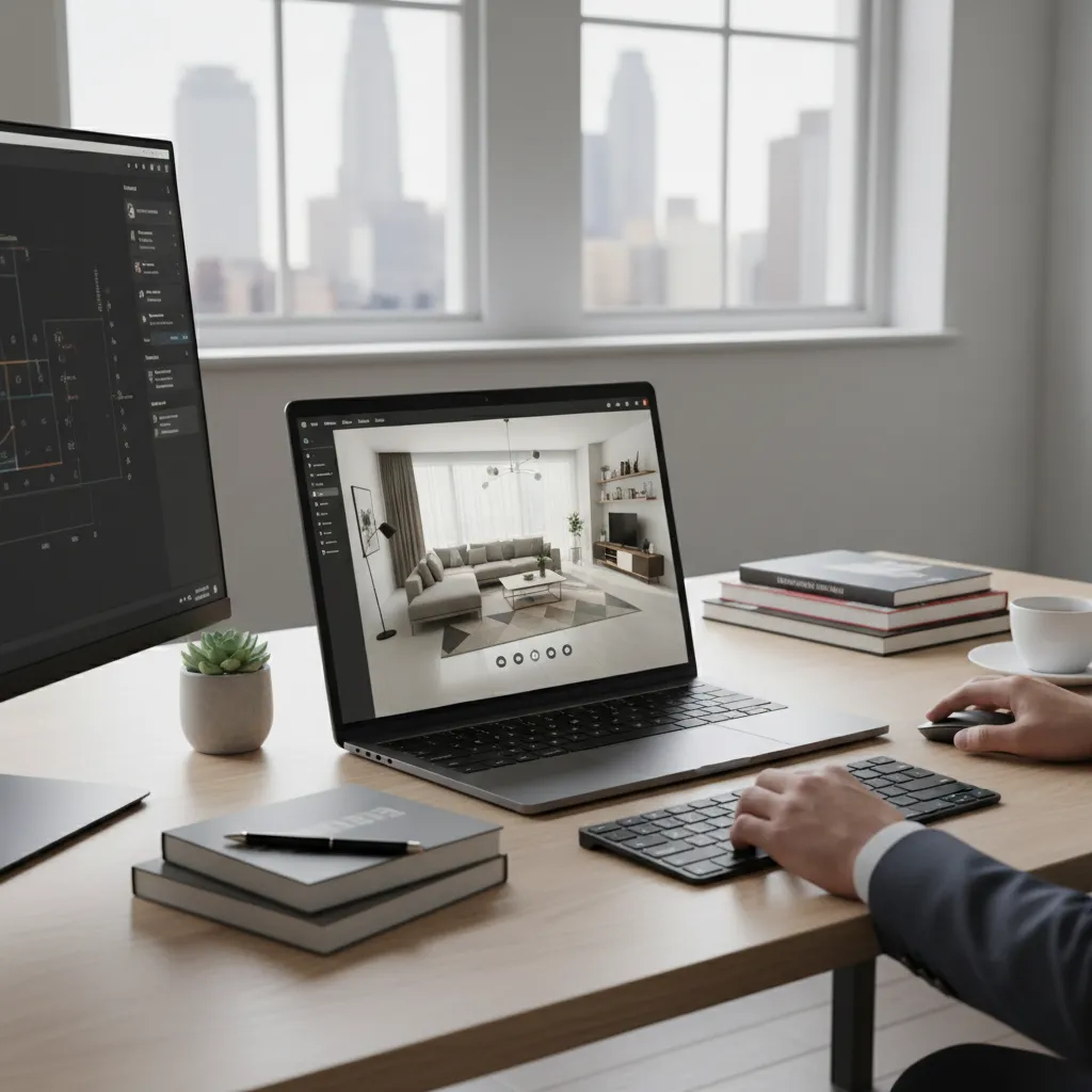 Designer rotating a 3D interior model in a web based viewer on a laptop