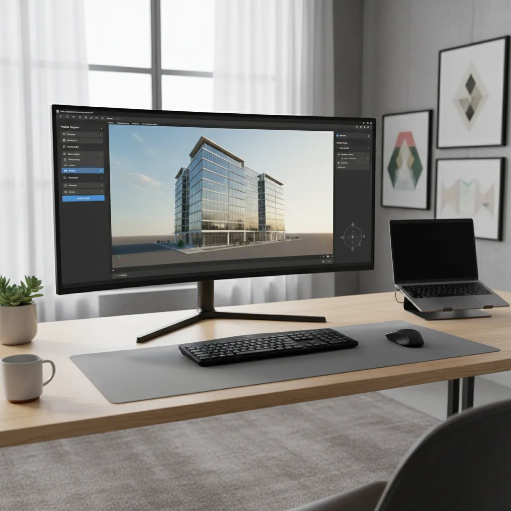 Browser-based 3D viewer displaying an architectural model with orbit controls