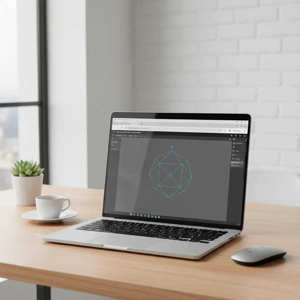 Web based 3D modeling interface displayed on a laptop in a modern workspace