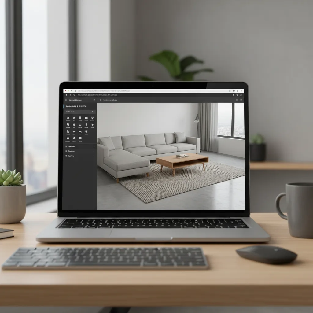 Laptop showing browser based 3D room design interface with furniture layout