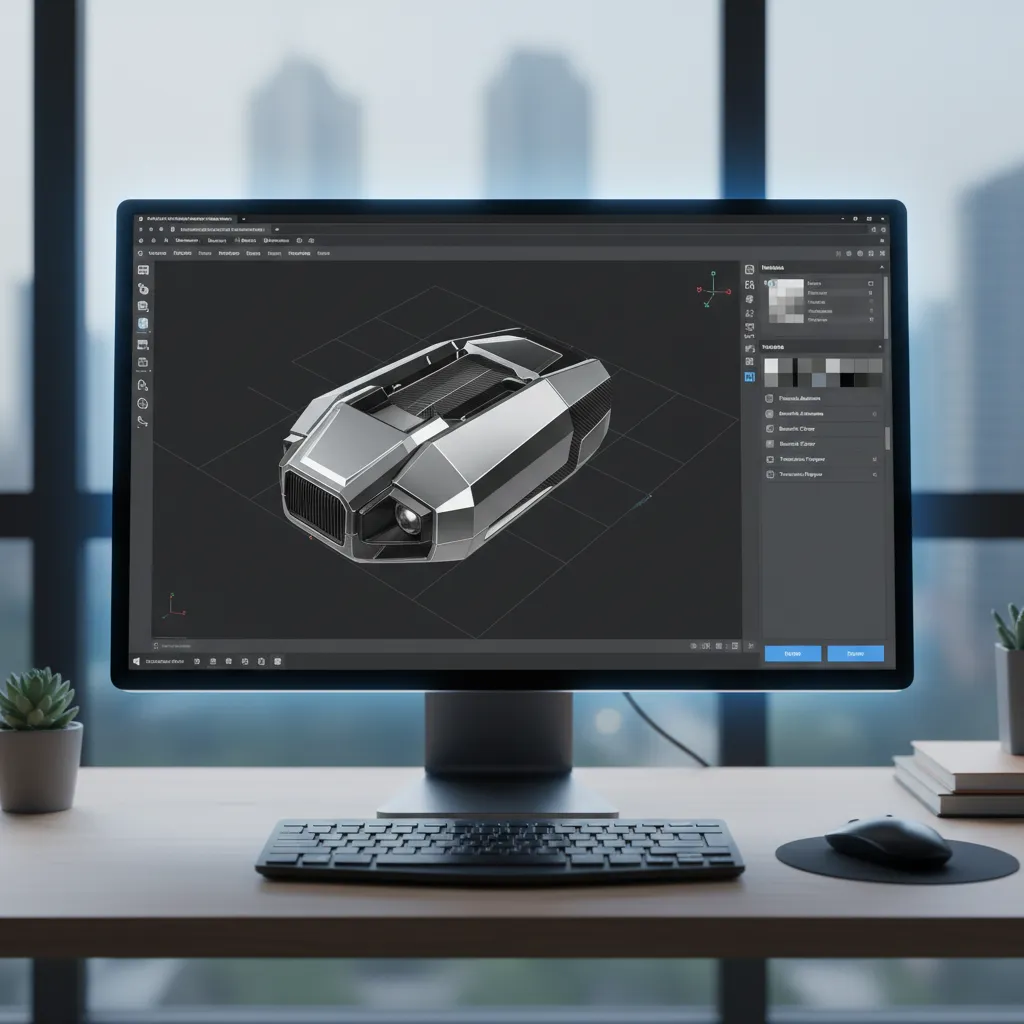 browser based CAD rendering interface displaying 3D model and materials panel
