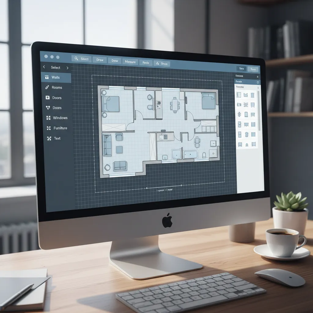 Web based floor plan creator interface showing walls rooms and layout tools