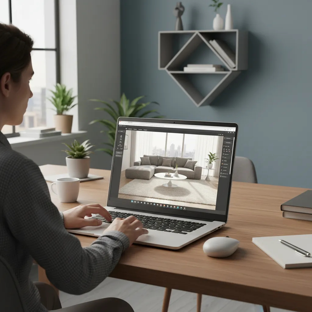 Designer using a browser based interior rendering tool to visualize a living room