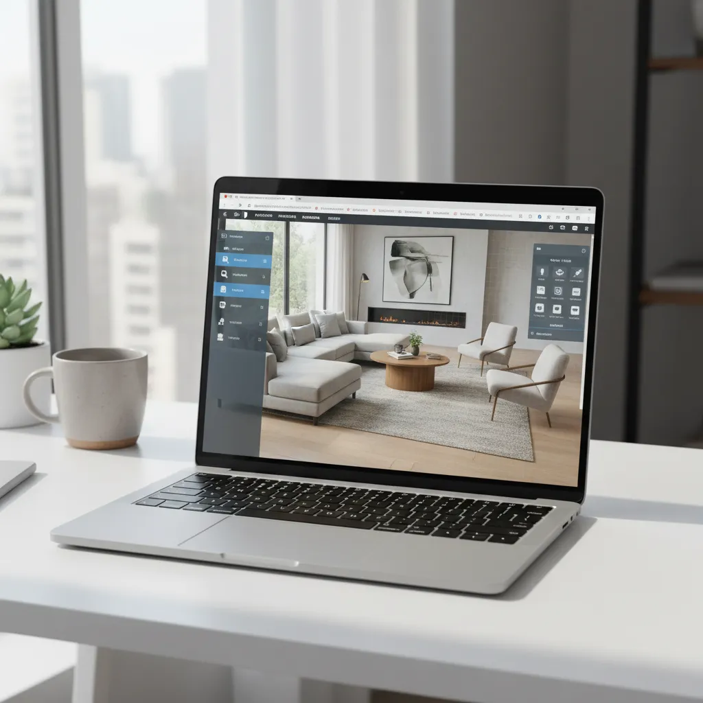 Browser based room planner running on a laptop showing interior layout design
