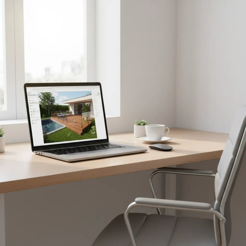 Laptop showing deck planner interface in a web browser