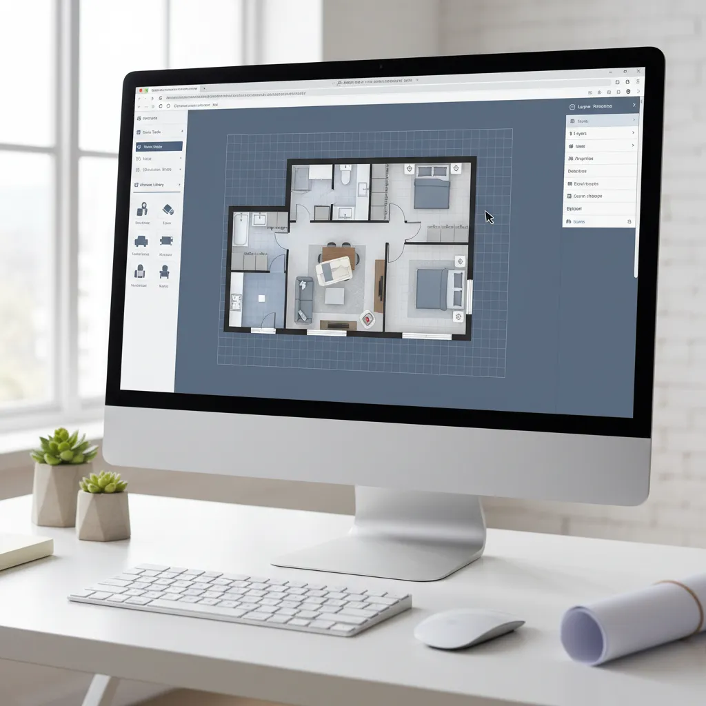 Online floor plan design tool interface open in Chrome with apartment layout