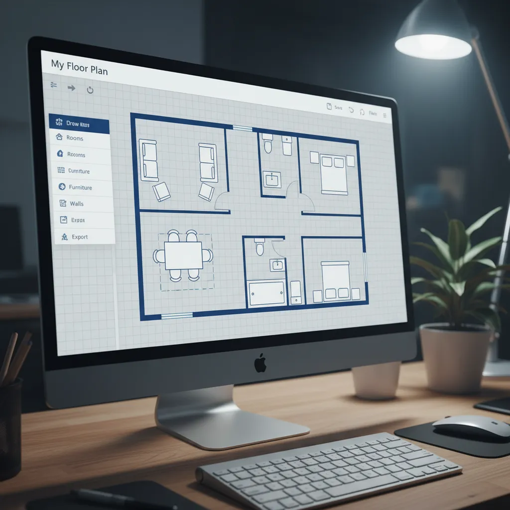 Simple browser based floor plan editor showing room shapes and furniture blocks