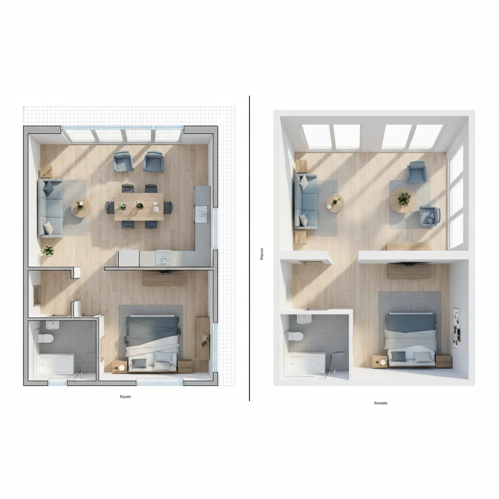 browser based room layout planner showing 2D floor plan and 3D preview of furniture placement