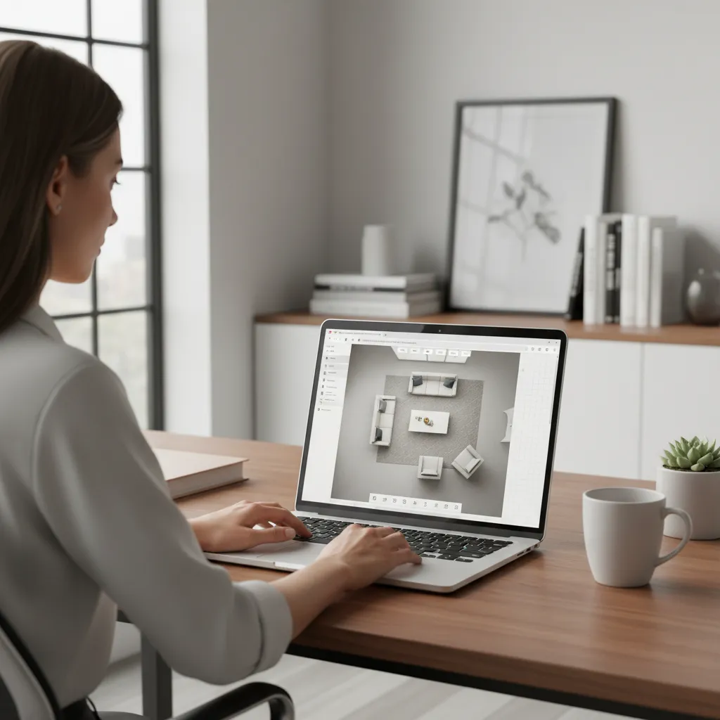 Designer creating a living room layout using an online room planner in a web browser