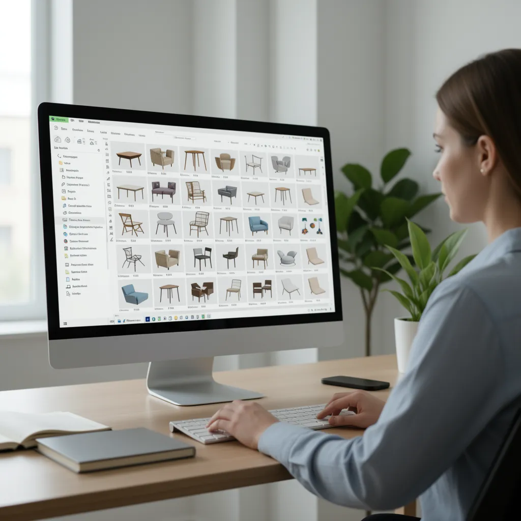designer browsing large 3D model asset library on a desktop screen