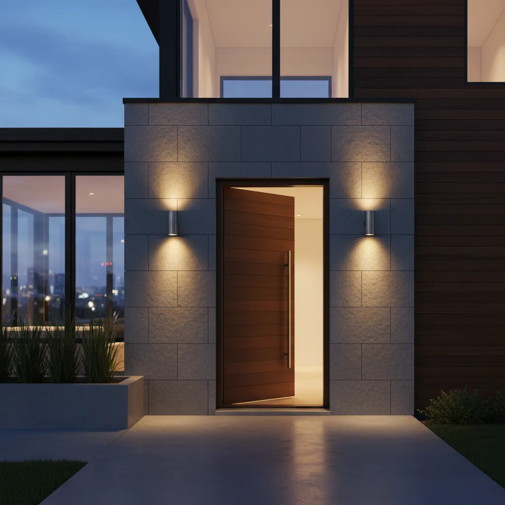brushed nickel wall lights placed symmetrically beside a modern front door