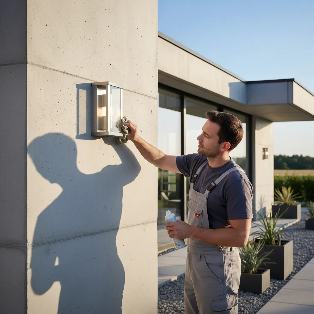 Cleaning brushed nickel outdoor wall light fixture on modern house exterior