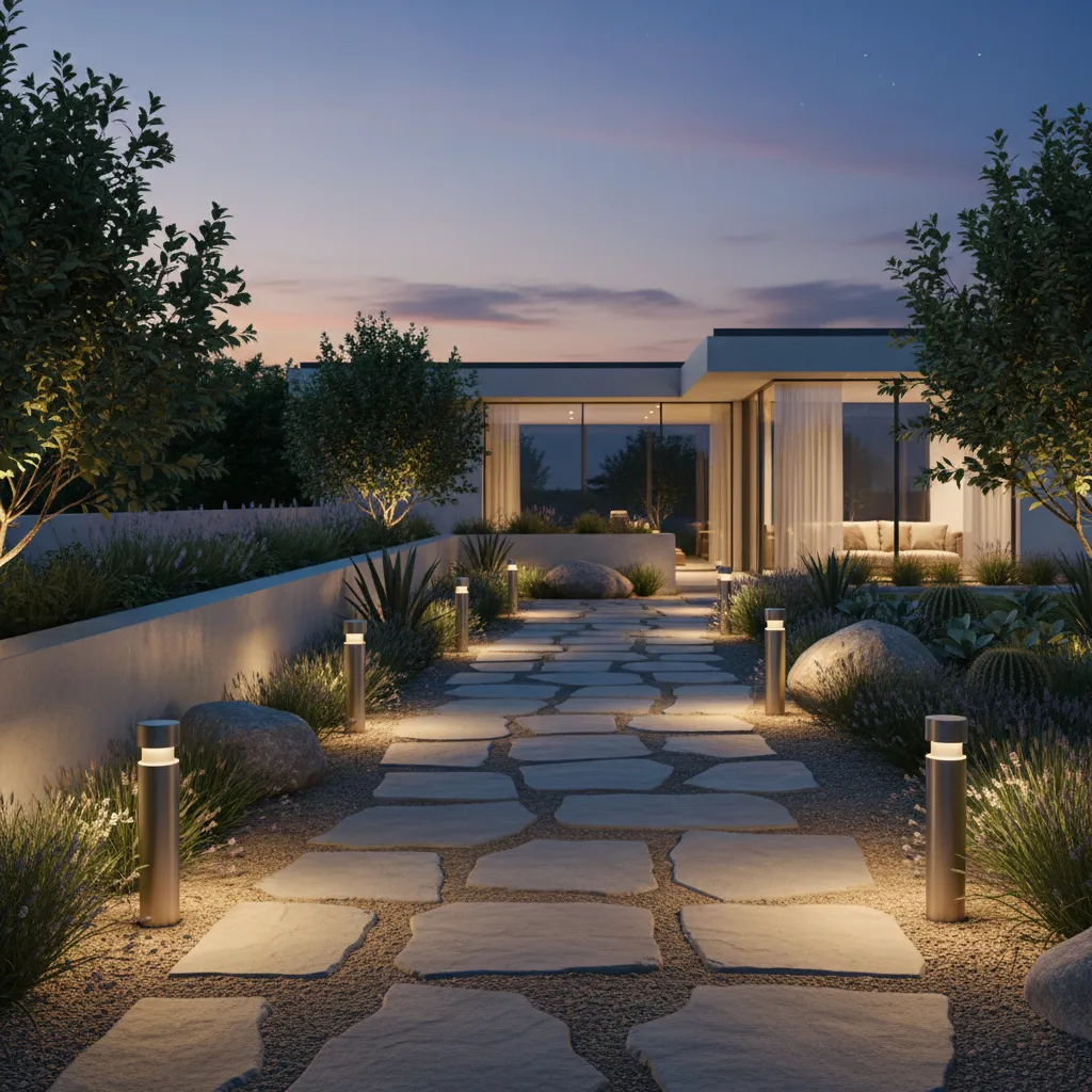 outdoor pathway with brushed nickel lights spaced evenly along a garden walkway