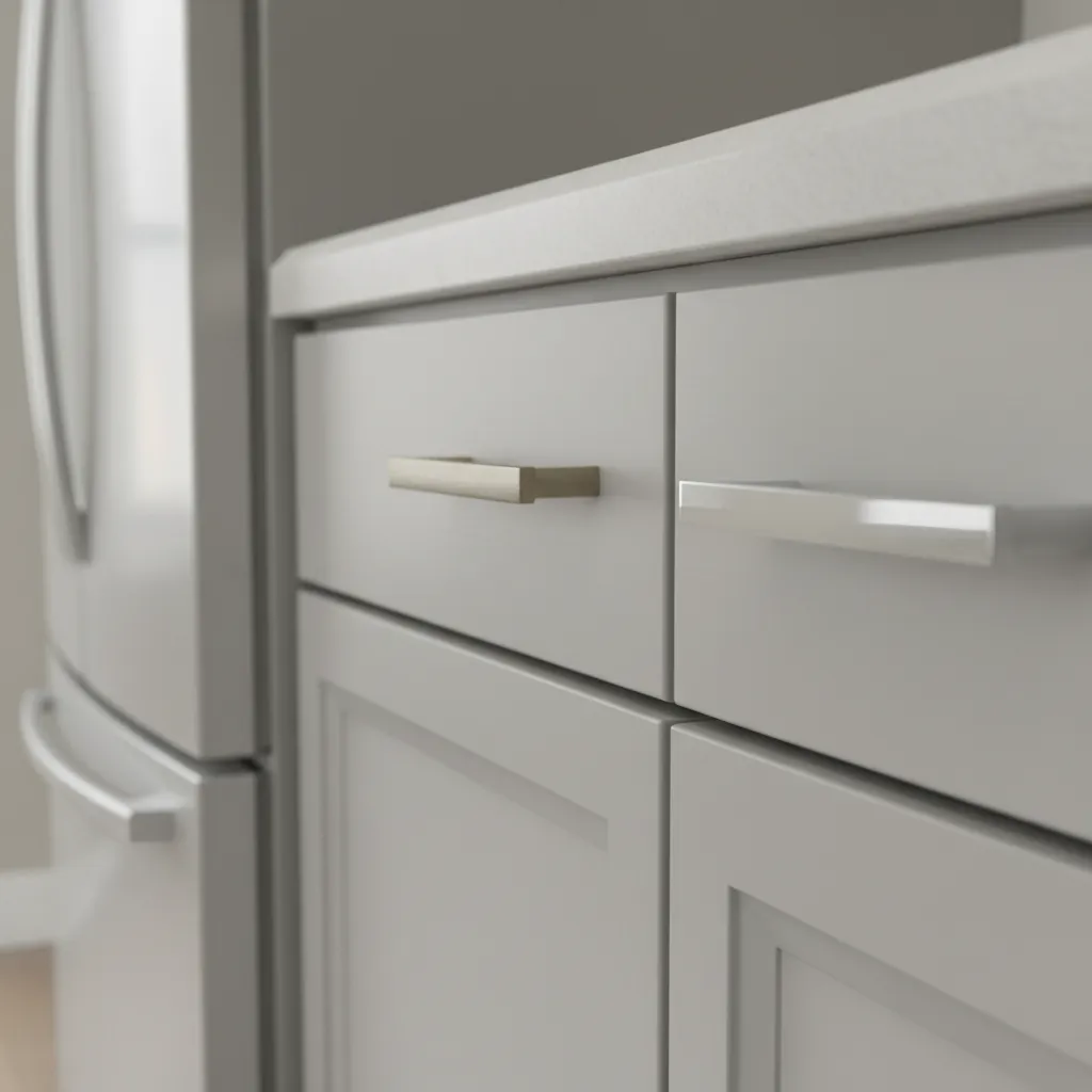 Close up comparison of brushed nickel and chrome cabinet pulls on gray cabinet doors
