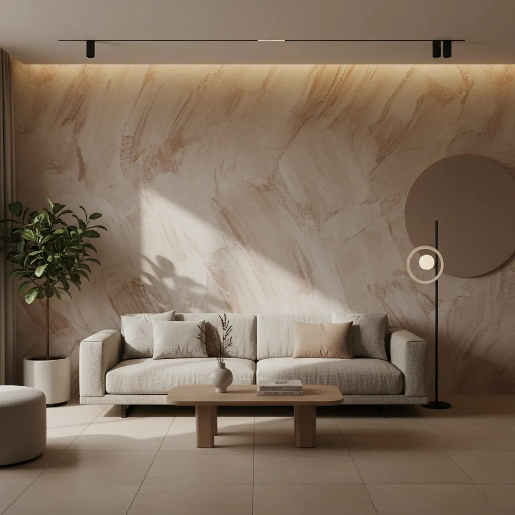 Brushed plaster textured accent wall in minimalist living room