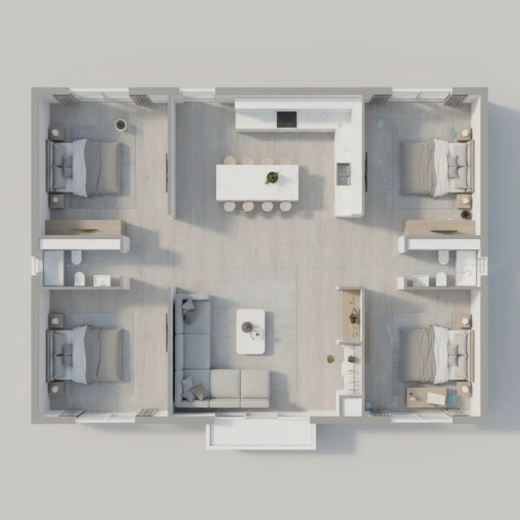 Floor plan style layout showing cooling distribution in a 1600 sq ft home