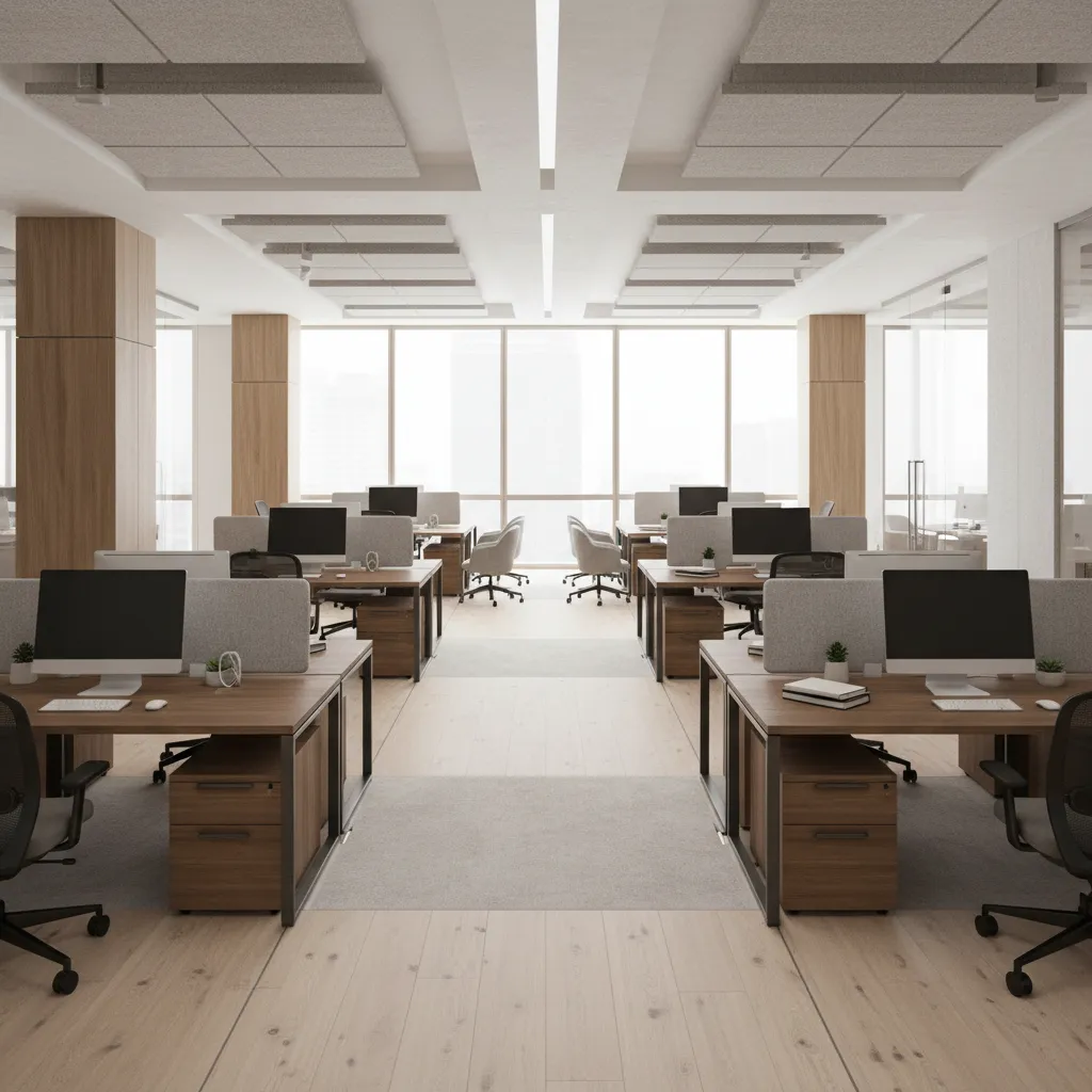 Modern open office interior with wooden desks black chairs large windows and bright natural light