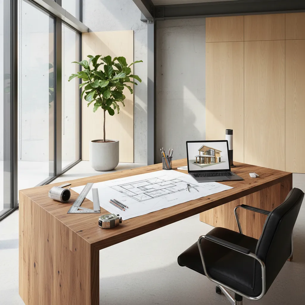 Wooden desk with interior design drawing and laptop showing house model near window and plant