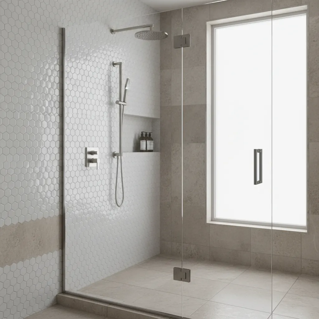 Bathroom shower with white bubble tile feature wall