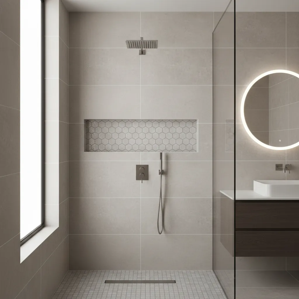 Modern shower niche lined with bubble tiles contrasting smooth bathroom wall tiles