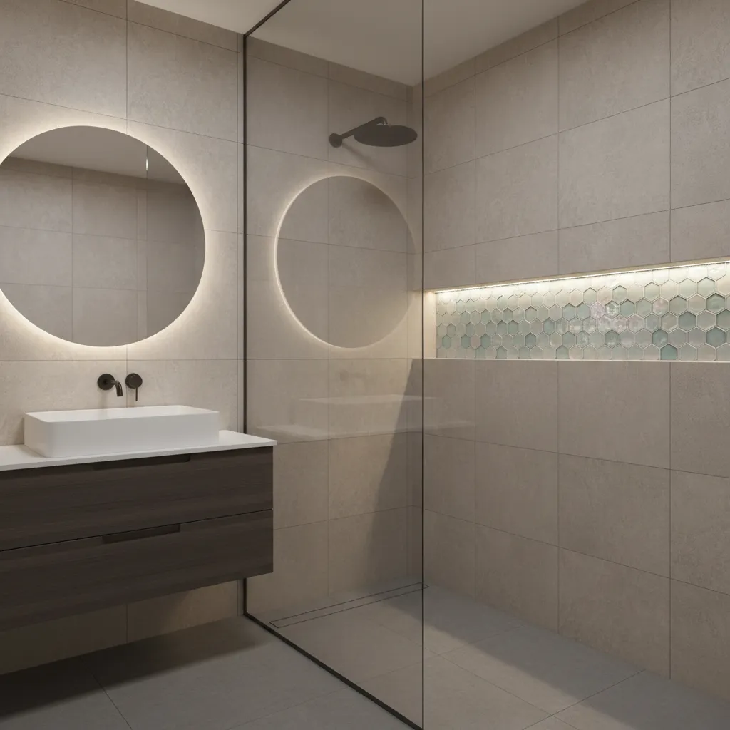 Shower niche decorated with bubble tiles inside modern bathroom