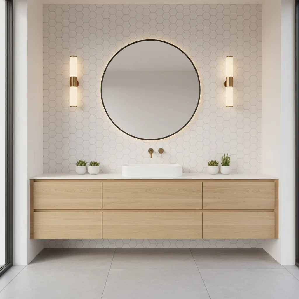 Bathroom vanity with mirror and lighting placed in front of a textured bubble tile accent wall